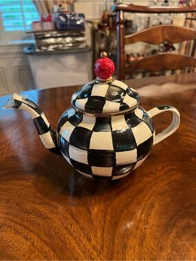 MacKenzie-Childs Black & White Check Teapot with Red Rose Knob